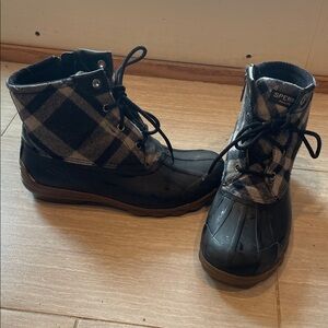 Sperry Black and White Plaid Duck Boots